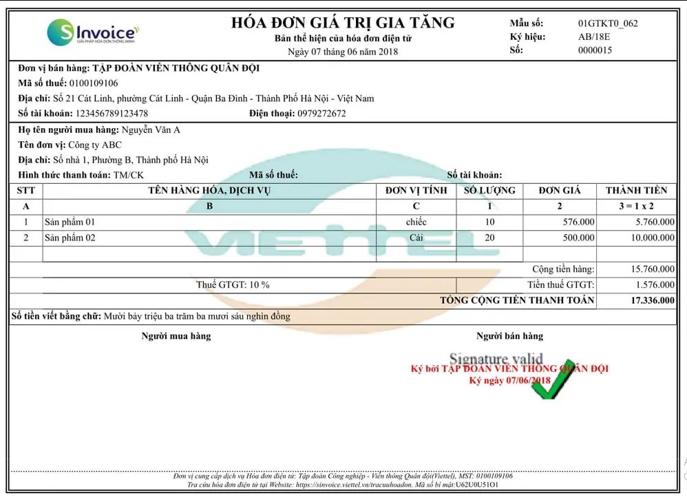 các mẫu hóa đơn điện tử của Viettel